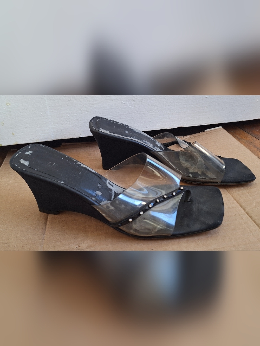 Title: Vintage Y2K Clear Strap Wedge Sandals Size 8 Studded Minimalist 90s